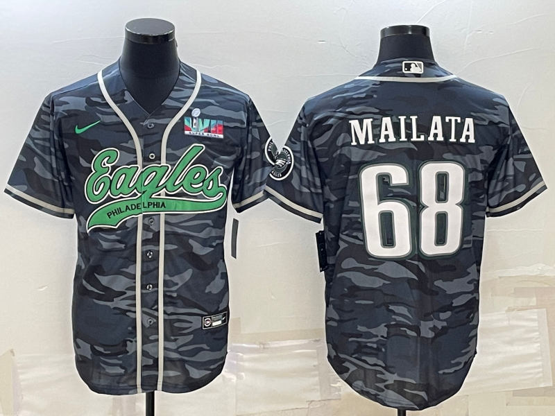 Men's Philadelphia Eagles #68 Jordan Mailata Gray Camo With Super Bowl LVII Patch Cool Base Stitched Baseball Jersey - Click Image to Close